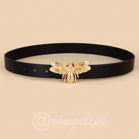 Black Skinny Belt Gold Tone Bee Embellishment - Picture 2 of 6